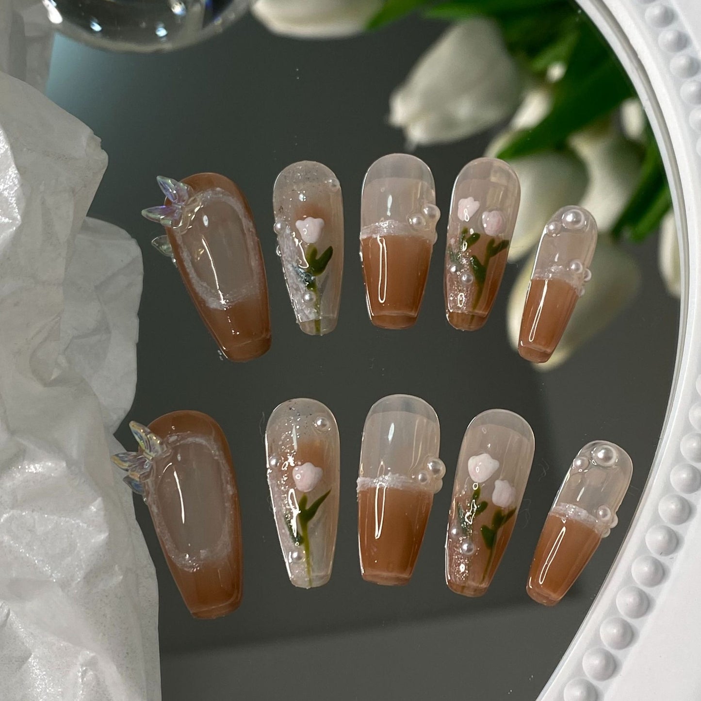 Brown Tulip Flower Hand Painted French Nails