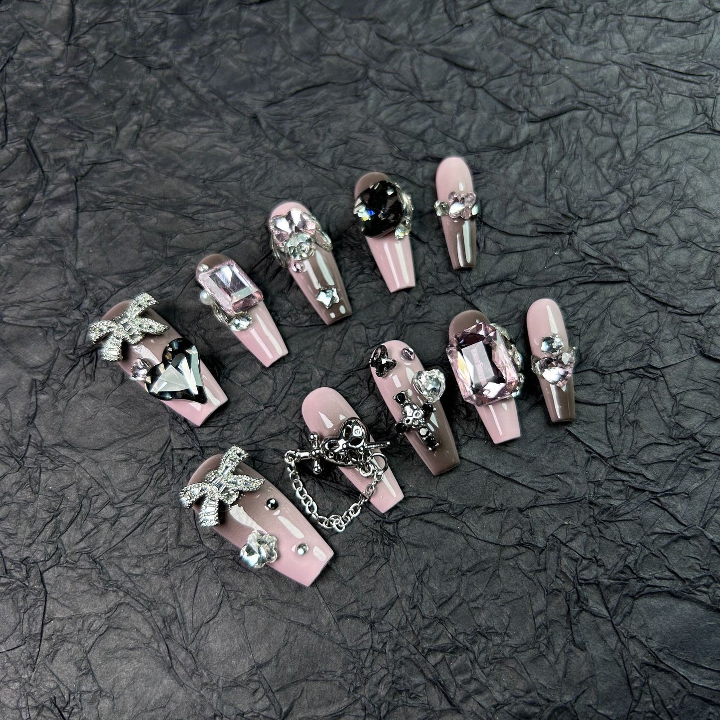 Black Pink Rhinestones Luxury Press On Nails